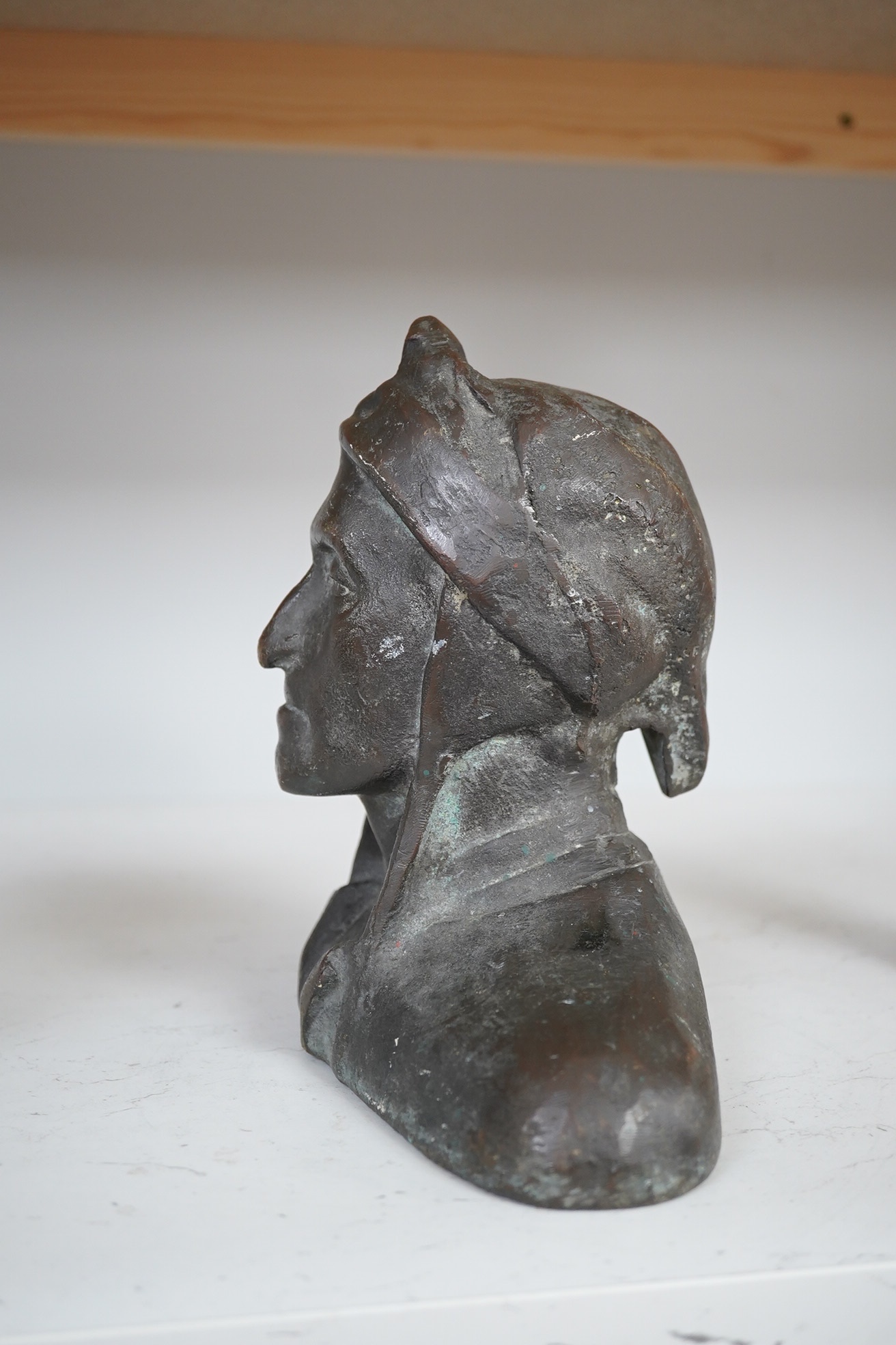 A 20th century heavy cast bronze bust, of Danté, 19cm high. Condition - fair